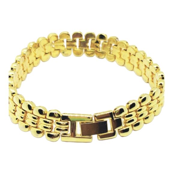 Unbranded Jewelry - Gold Tone Triple Row‎ Jubilee Link Bracelet Women Fold Over Clasp Classic Style